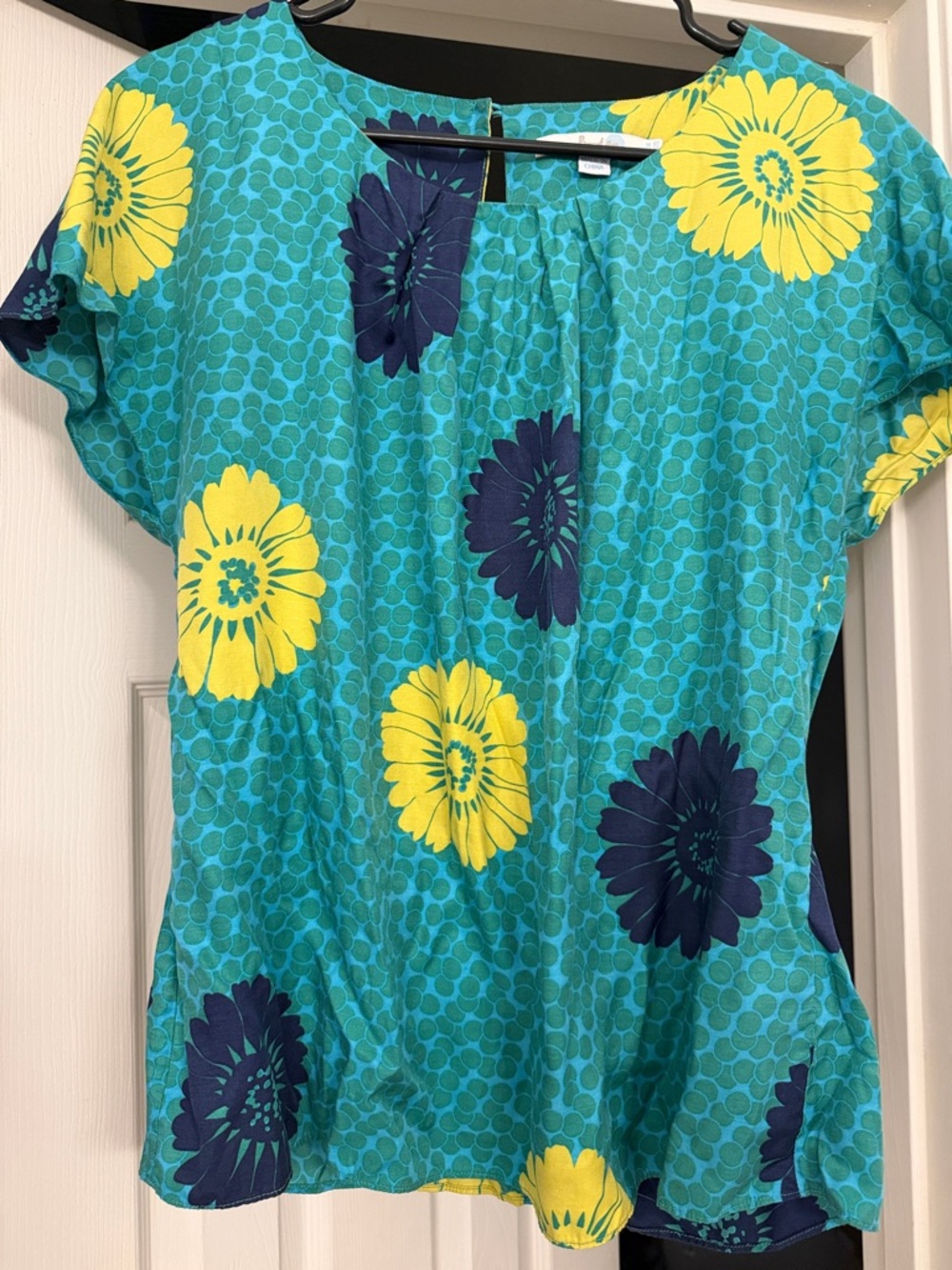 Boden Teal Short-Sleeve Floral Top with Yellow & Navy Blooms